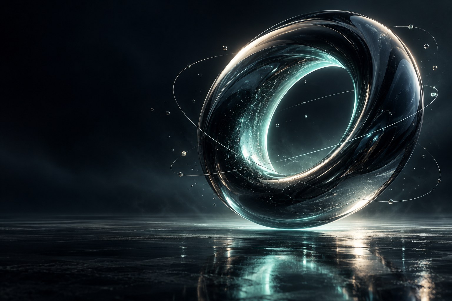A luminous mint ring emerging from a dark glass sculpture